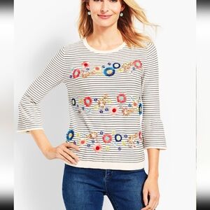 Talbots Floral Row Crewneck Stripes Embroidered Floral Sweater Women’s M Artsy